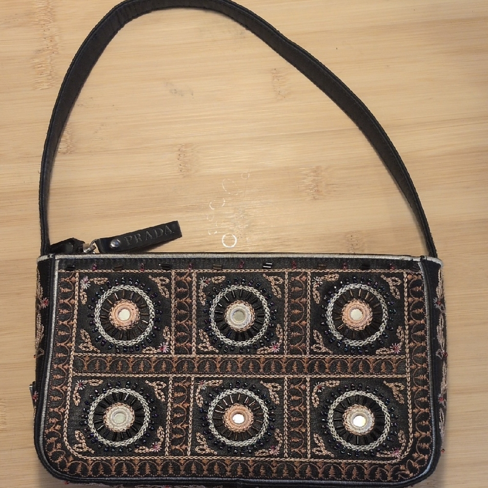 Black Embroidered Wristlet with Metallic Accents